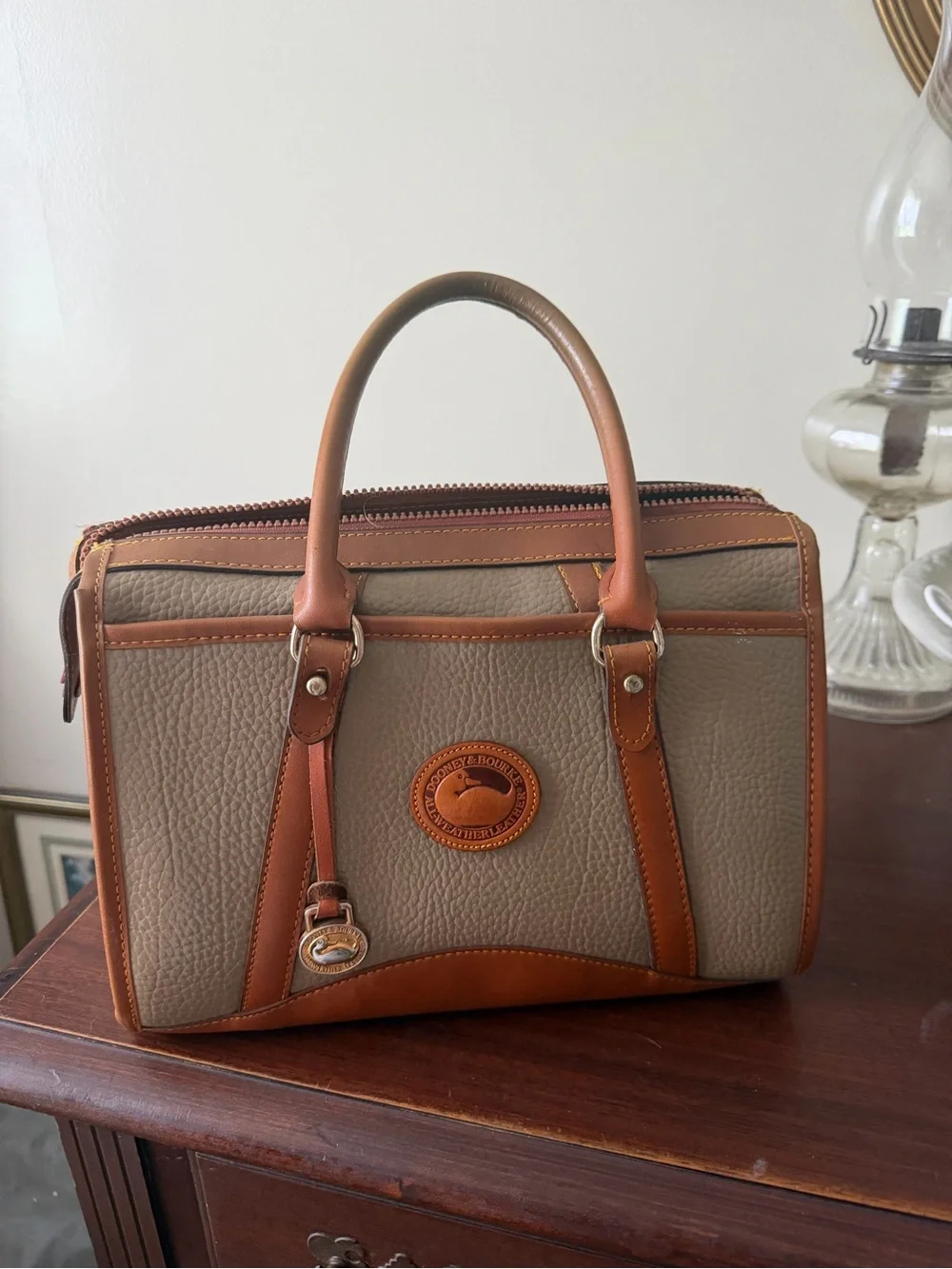 Vintage Dooney & Bourke All Weather Leather Khaki and Brown Leather Trim Bag